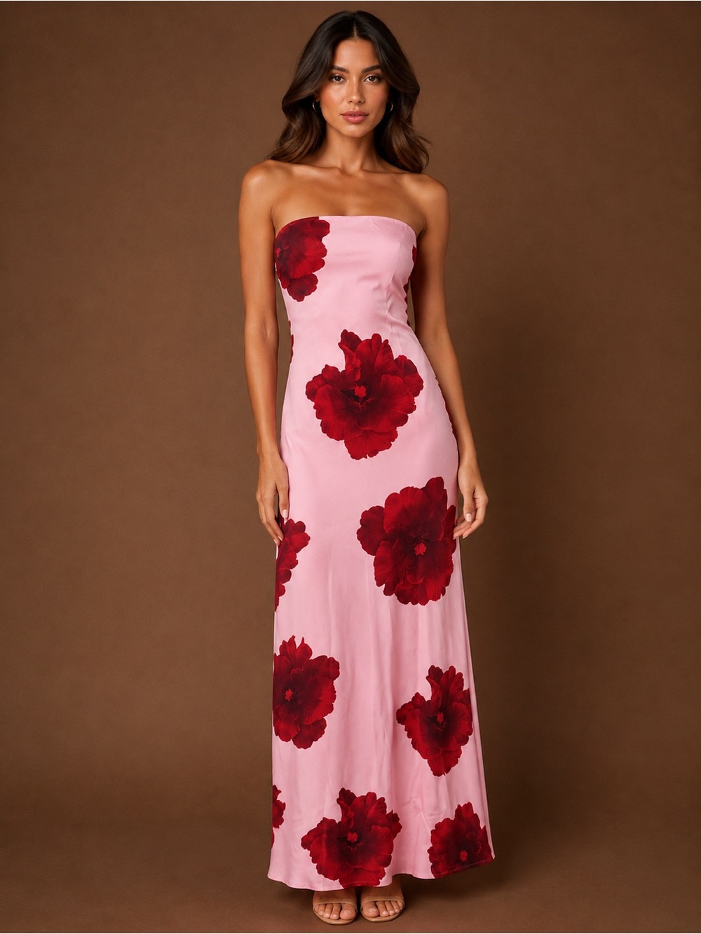 Paper Heart Pink & Red Floral Strapless Maxi Dress – Size Small